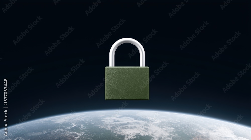 Poster global security, planet earth protected by a padlock ensuring data protection and cybersecurity in t
