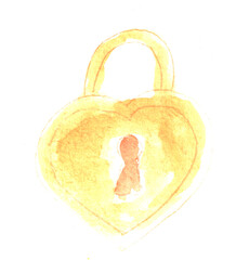 Yellow Heart Lock. Love, Loyalty. Watercolor illustration, hand drawn modern freehand new