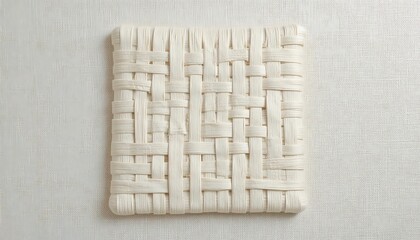 Cream colored woven textile sample on linen background