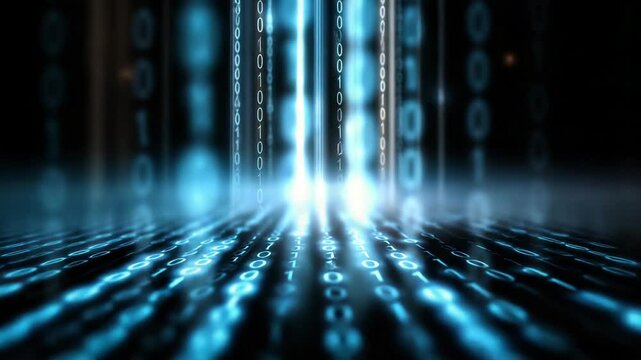 Glowing binary code streams vertically and horizontally in a digital space, representing technology, data transfer, artificial intelligence, cyber, and futuristic concepts. Video for IT, science, and 