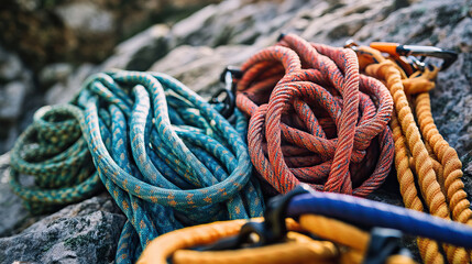 Coiled climbing ropes neatly arranged on rocky ground