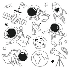 outline set of isolated cute astronaut, rocket, Earth,Moon