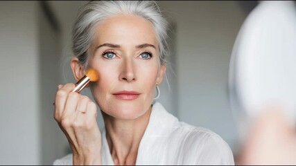 A graceful older woman with silver hair applies blush using a makeup brush in a softly lit room. She radiates elegance and self-assurance, embodying natural beauty and timeless sophistication. - Powered by Adobe