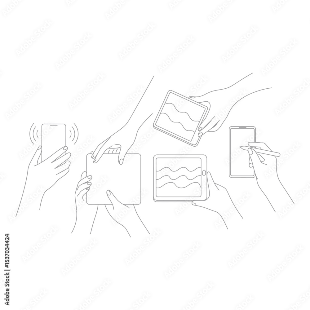 Poster hands holding and interacting with various digital devices isolated on white