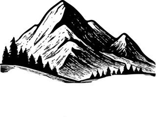 A classic, hand-drawn black and white illustration of majestic mountains with a dense pine forest at their base, embodying themes of nature, adventure, and outdoor serenity