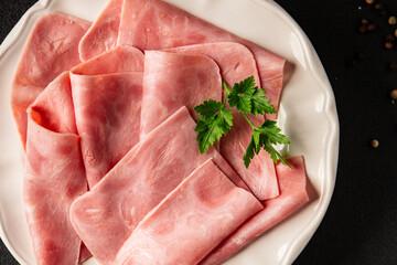 Ham slices meat spam pork fresh delicious gourmet food background on the table rustic food top view copy space