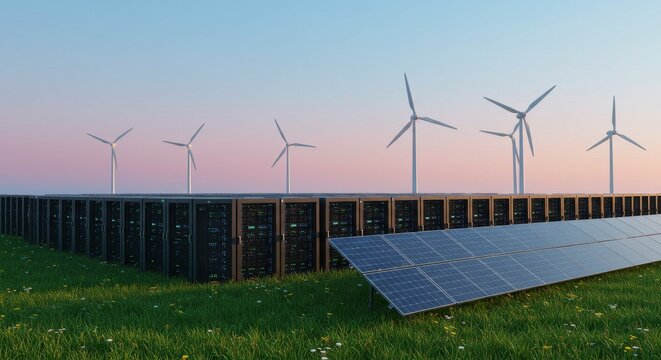 Green Energy Server Farm - Sustainable data center powered by wind and solar energy, symbolizing clean technology, environmental responsibility, renewable resources, technological advancement, and a