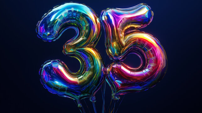 Luminous Multicolored "35" Balloons: A Vibrant, Iridescent Foil Display for Festive Celebrations and Significant Milestones