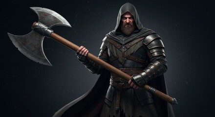 Naklejka premium Hooded Warrior with Double Axe - A powerful warrior, cloaked and armored, stands defiantly wielding a large double axe. Symbolizing strength, protection, determination, mystery, and battle