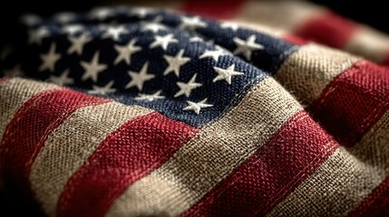 Close-up view of a textured American flag highlighting its rich colors and intricate fabric details