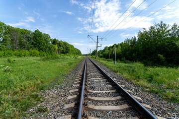 Railway among green grass at sunny summer day.