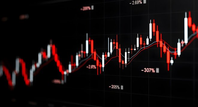Primer plano de un gráfico de línea de tendencia a la baja en una pantalla digital que muestra una caída significativa en las ganancias, con gráficos financieros y datos borrosos en el fondo, enfatiza