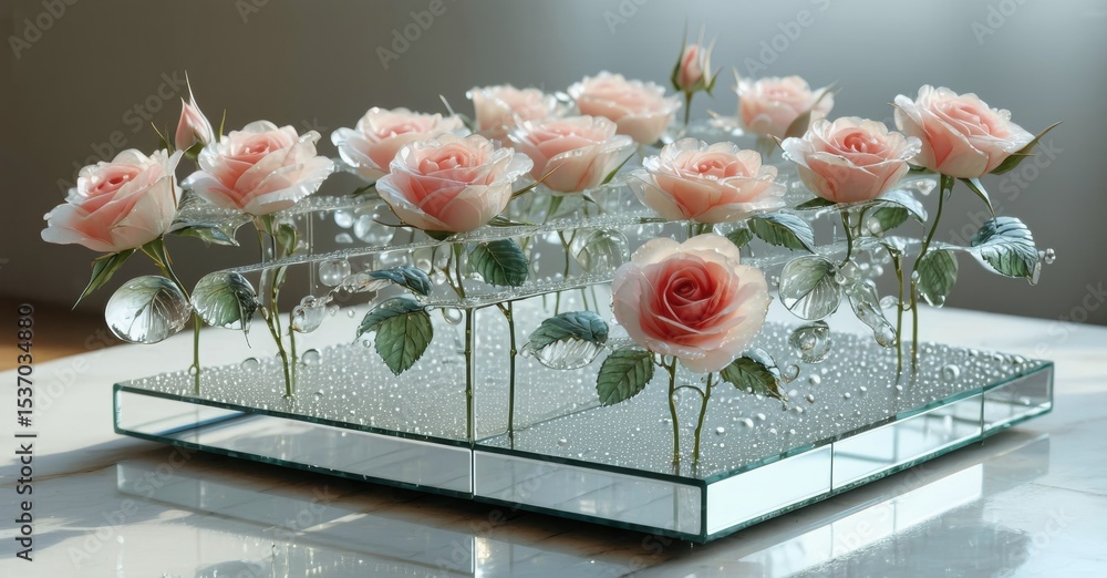 Poster pink roses bloom above reflective surface. glass elements support delicate petals, creating elegant 