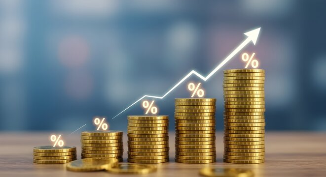 Las monedas de dinero apilamiento con flecha y s&iacute;mbolo porcentual para la banca financiera aumentan la tasa de inter&eacute;s o el dividendo de inversi&oacute;n hipotecaria del concepto de crecimiento empresarial.