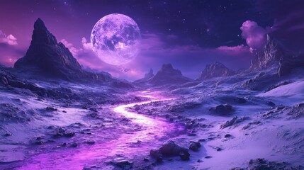 Fototapeta premium Mystical river flowing through alien landscape under purple moonlight sci-fi scene digital art surreal environment