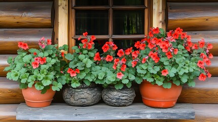 Fototapeta premium Vibrant Red Geraniums in Rustic Wooden Pot Planters