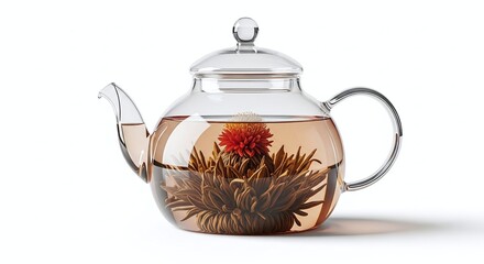 Transparent glass teapot with blooming flower tea inside, isolated on white background. Generative AI