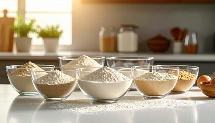 Various types of flour displayed in glass bowls on a kitchen counter with sunlight streaming in