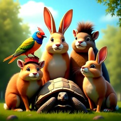 Diverse animals together outdoors.