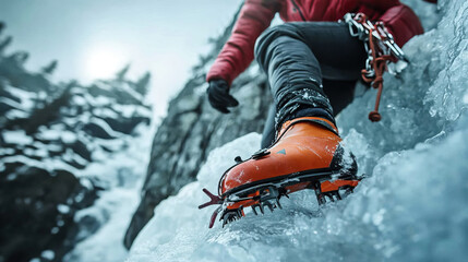 Crampons gripping into vertical ice wall during steep climb