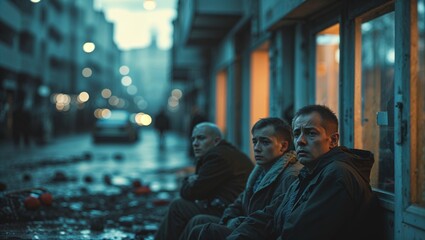 Obraz premium People sitting quietly on a street at dusk in an urban setting with soft lighting and a sense of anticipation