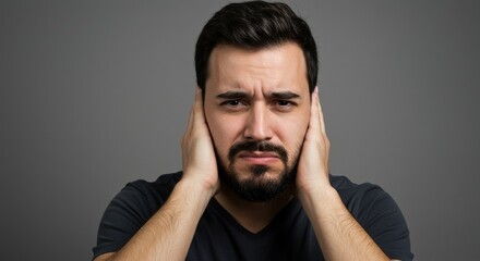 Man Covering Ears Feeling Annoyed - A man with a beard holds his hands to his ears, expressing annoyance or discomfort. He looks stressed and unhappy