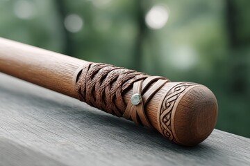 Close-up of a wooden baseball bat with intricate carvings and wrapped leather grip resting on a wooden surface with a blurred green background.