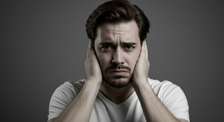 Obraz premium Man Covering Ears Feeling Overwhelmed - A man in a white shirt holds his hands to his ears, conveying feelings of stress, anxiety, and overwhelm.