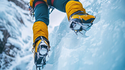 Crampons gripping into vertical ice wall during steep climb