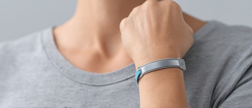 A close-up of a person wearing a gray fitness tracker on their wrist, with a gray shirt and neutral background.
