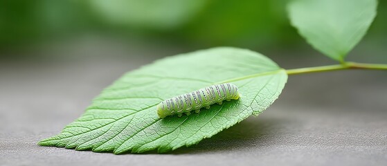 Fototapeta premium A green caterpillar with black and white stripes rests on a fresh green leaf against a blurred natural background.