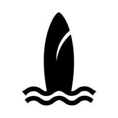 Minimalist black silhouette surfboard design with waves, vector cutout