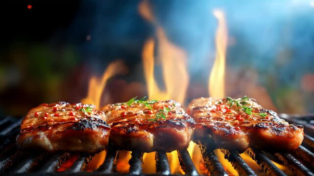 Ultra HD Meat and sausages are fried on a barbecue grill video perfectly grilled steaks video grilled steak on barbecue video meat grilling video