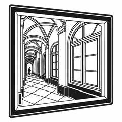 Fototapeta premium Framed illustration of a person walking down a long arched hallway with large windows