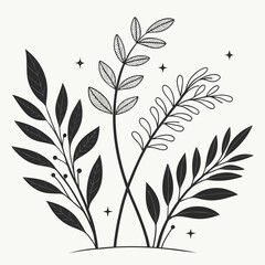 Fototapeta premium Elegant black and white botanical illustration featuring three stylized plant branches