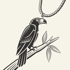 Stylized toucan perched on branch with rope overhead