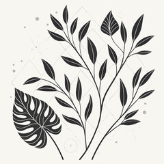 Elegant black and white botanical illustration featuring tropical leaves and branches