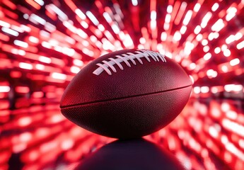 Close-up of a football with vibrant red lights in the background