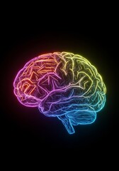 Neon Brain: Human Intelligence Illuminated - A vibrant, rainbow-hued brain, digitally , floats against a black background, symbolizing intelligence, technology, innovation, consciousness, and the
