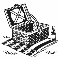 Open picnic basket on checkered blanket with wine bottle