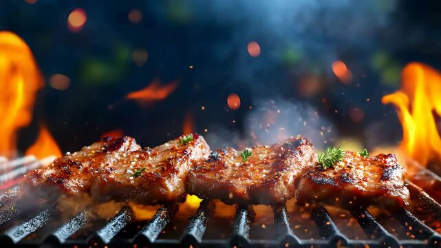 Ultra HD Beef steak is cooked on the grill video mutton BBQ video BBQ picnic video roasted smoky BBQ video grilling meat video winter barbecue video