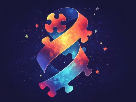 Illustration of a vibrant and colorful puzzle piece ribbon, symbolizing autism awareness and the importance of inclusivity, with bright, bold colors and an inviting, supportive design