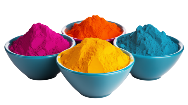 Four bowls filled with vibrant colored powders arranged on a transparent background in a close up view