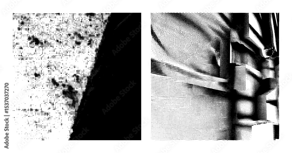 Poster vector abstract figures with geometric shapes and halftone texture.