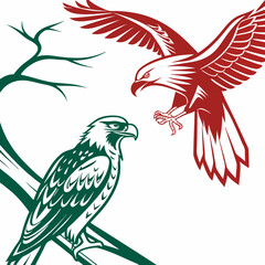 Two eagles majestic birds of prey in flight and perched on branch