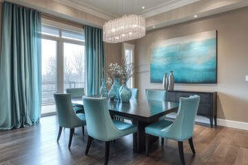 Fototapeta premium Elegant dining set with modern decor contemporary home interior design bright atmosphere wide angle aesthetic appeal