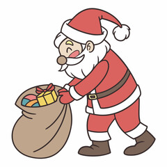 Jolly santa claus carrying a bag of christmas gifts on white background