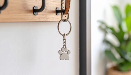 Key holder with a paw print keychain hanging on a wooden rack near green plants in a bright room