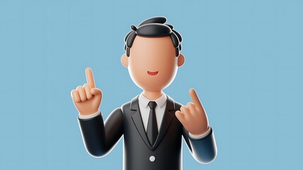 3D Cartoon Businessman with Pointing Fingers Demonstrating an Idea