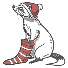 Festive raccoon in santa hat holding christmas stocking